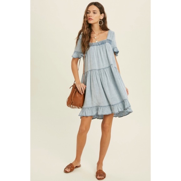 Denim Tencel Square Neck Short Sleeve Ruffle Trim Babydoll Casual Mini Dress - Picture 10 of 11